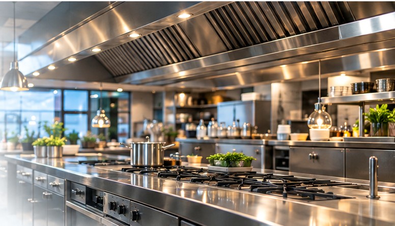 Cocina gastronómica profesional moderna, con campanas y superficies de acero inoxidable