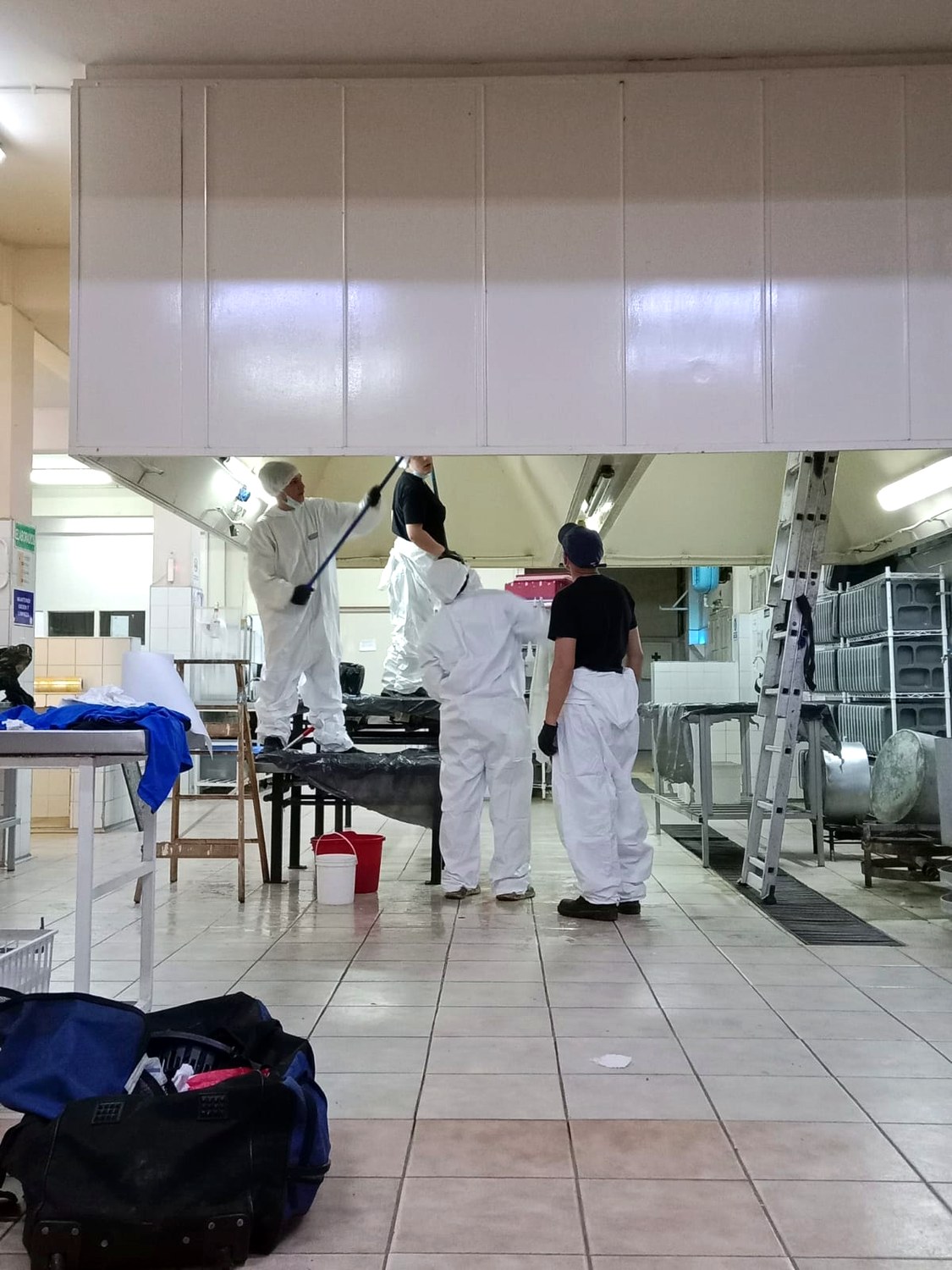 Equipo protegido trabajando en una cocina profesional